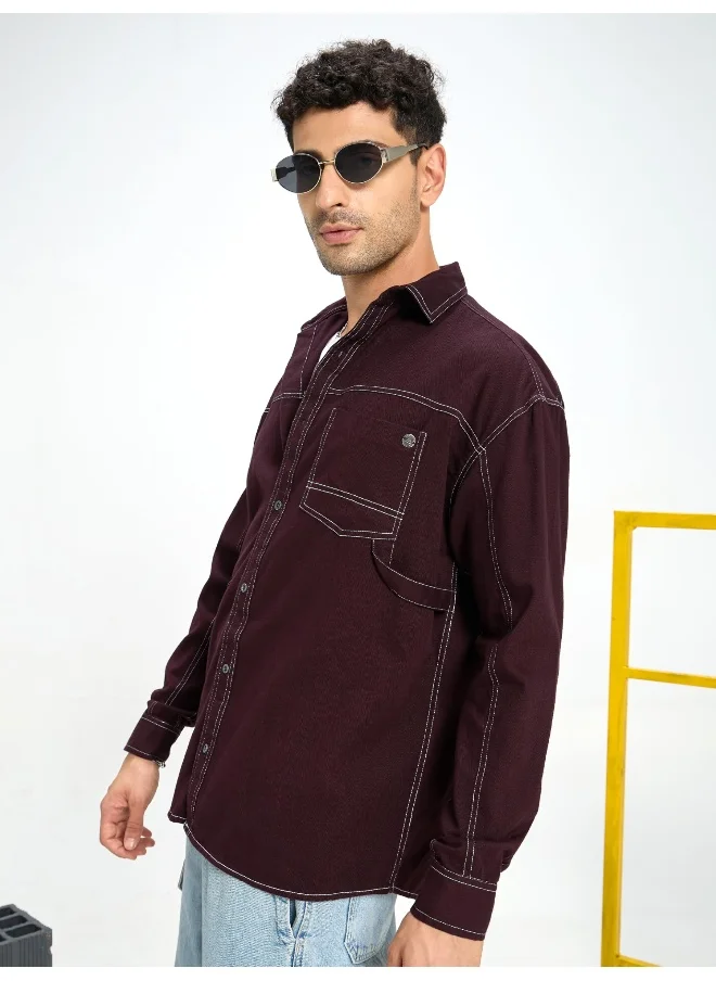 بيونغ French Wine Contrast Stitch Shirt for Men