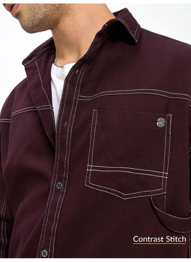بيونغ French Wine Contrast Stitch Shirt for Men