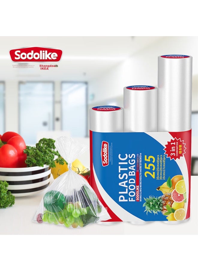 Sodolike Shangdao Flat-top Perforated Food Storage Bags, 3-roll Combo Pack, 255 Pieces Total, Thickened Plastic Food Bags, Disposable - Image 1