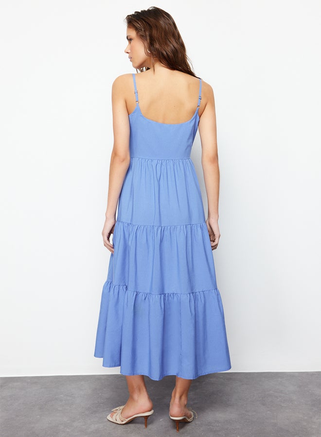 trendyol Indigo Skirt Waist Opening Cotton Blend Maxi Woven Dress - Image 4