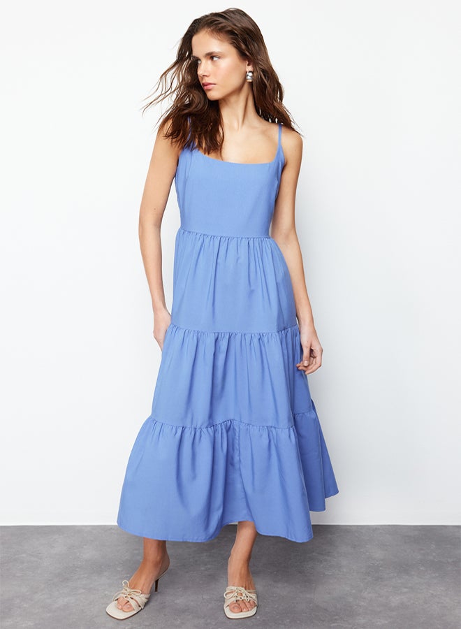 trendyol Indigo Skirt Waist Opening Cotton Blend Maxi Woven Dress - Image 5
