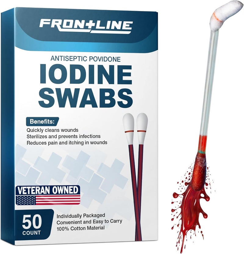 FrontLine Povidone Iodine Swabs Antiseptic Swabsticks Iodine Solution Cleansing Cotton Swab Individually Wrapped Medical Supplies Wound Care First Aid Wound Cleaner Box of 50 - Image 1