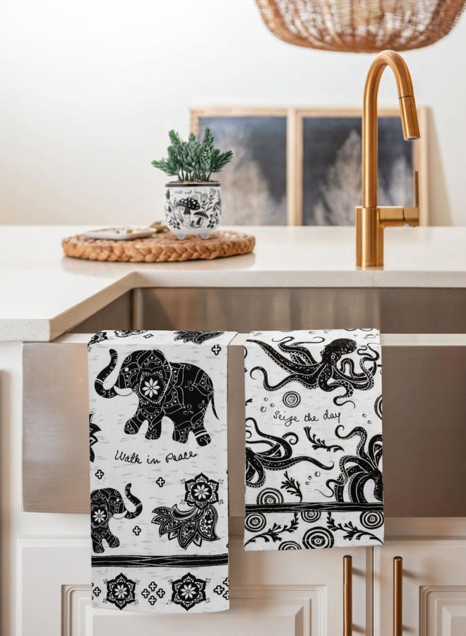 Karma منشفة شاي بوهو سوداء وبيضاء، 28"L x 20"W، أخطبوط - Image 5