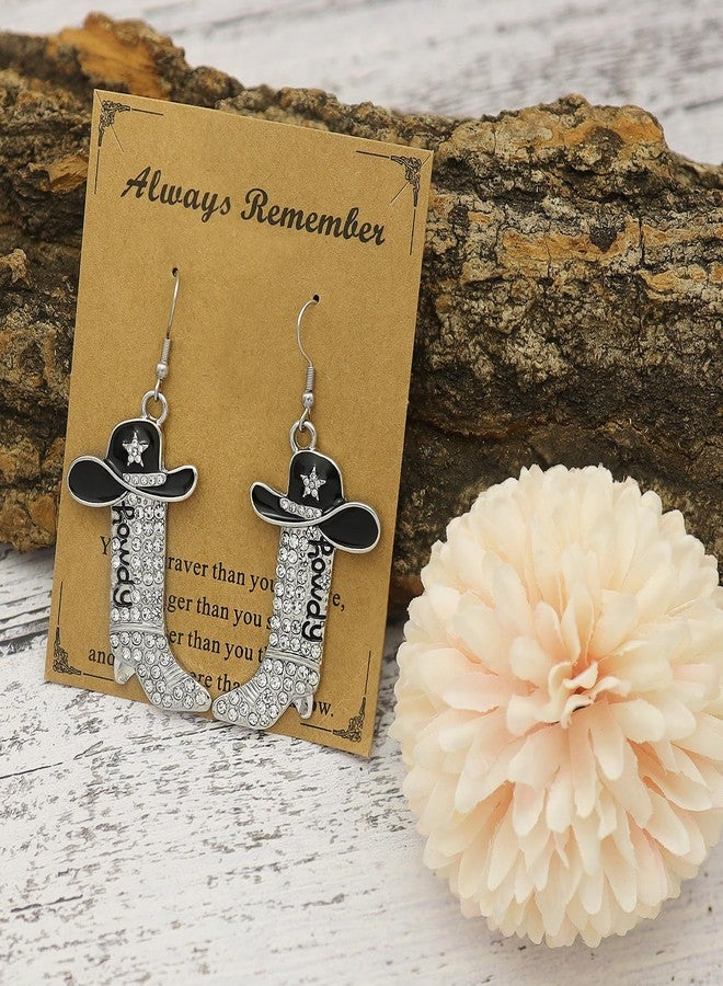 RechicGu Glitter Rhinestone Cowgirl Earrings for Women, Western Howdy Letter Dangle Boot Earring Cowboy Enamel Hat with Sparkly Star Rodeo Country Concert Party Outfits Jewelry Black - Image 3