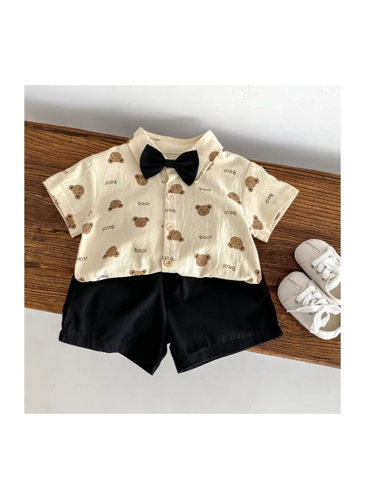 Joy For Kids Baby Boy Party Wear – Teddy Bear Shirt & Shorts Set with Bow - Image 1