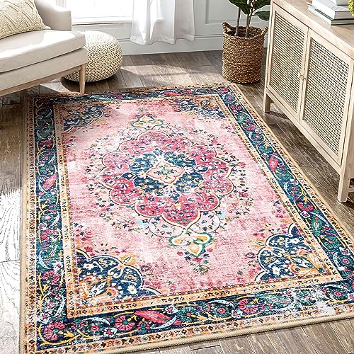 YesRug Boho Rug 3x5 Pink Small Area Rug Washable Vintage Rug for Kitchen Living Room Bedroom Bathroom Office Low Pile Non Slip Indoor Floor Carpet - Image 1