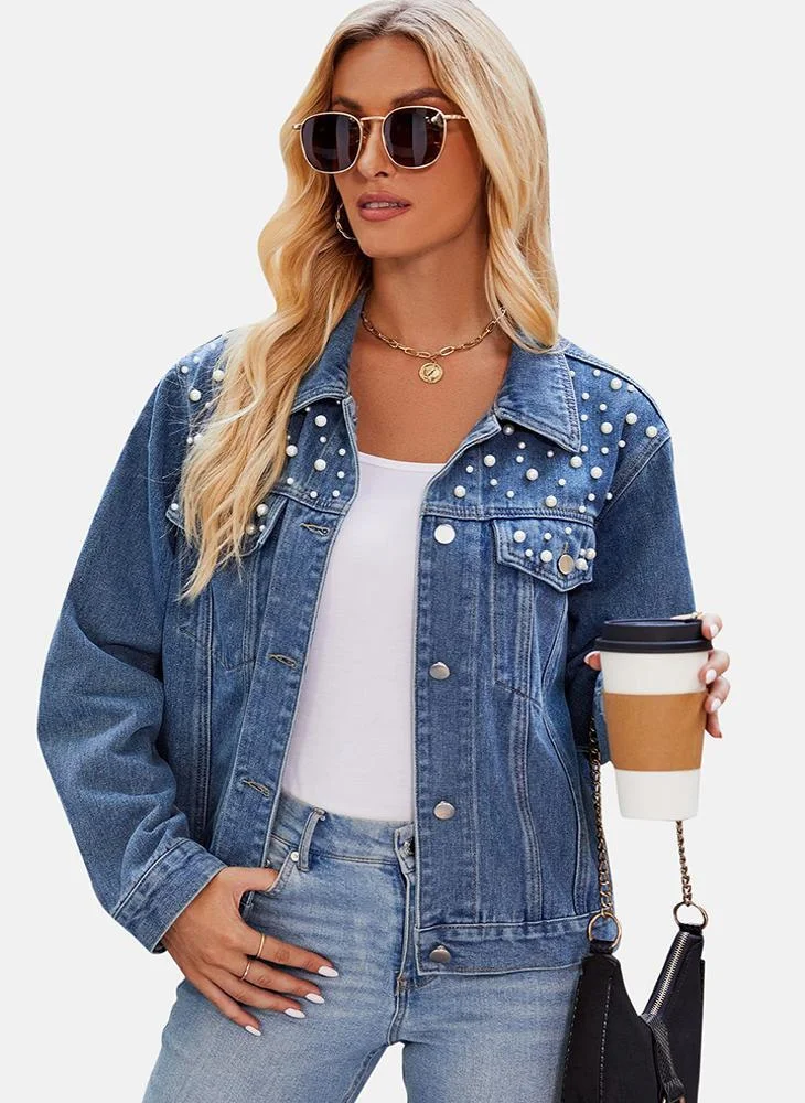YUNIQEE Blue Printed Regular Fit Long Sleeve Denim Jacket