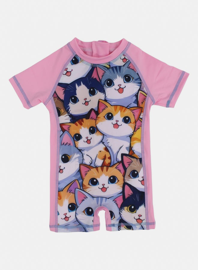 I.Wear I.Wear Girls Overall Swimsuit - Pink with Cute Kittens Print - Image 1