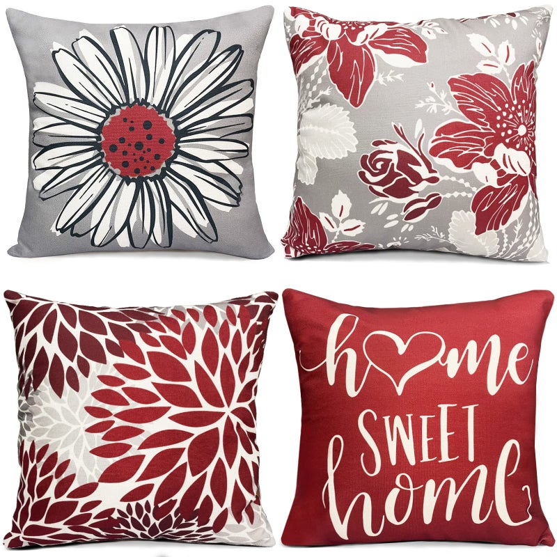 RYSMIYOU RYSMIYOU Wine Red Linen Decorative Throw Pillow Covers18x18 Pillow Covers for Couch Sofa Bed Living RoomSet of 4 Boho Pillow Covers Square Outdoor Throw Pillow Cover Cushion Farmhouse Home Decor