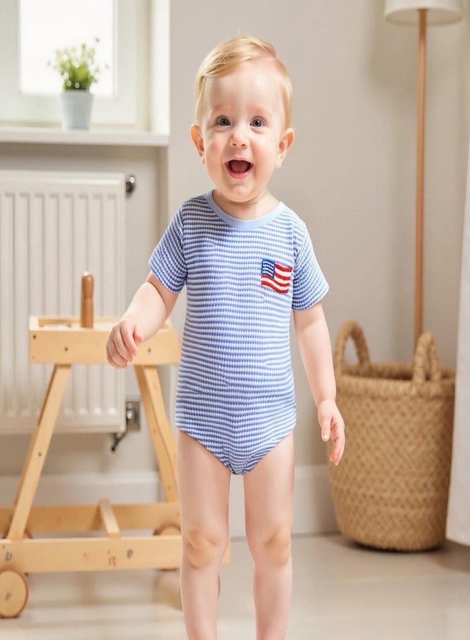 Lenjindjer Newborn Baby Boy Independence Day Outfit Flag Embroidery Waffle Striped Short Sleeve Bubble Romper Summer Bodysuit (Blue, 0-3 Months) - Image 2