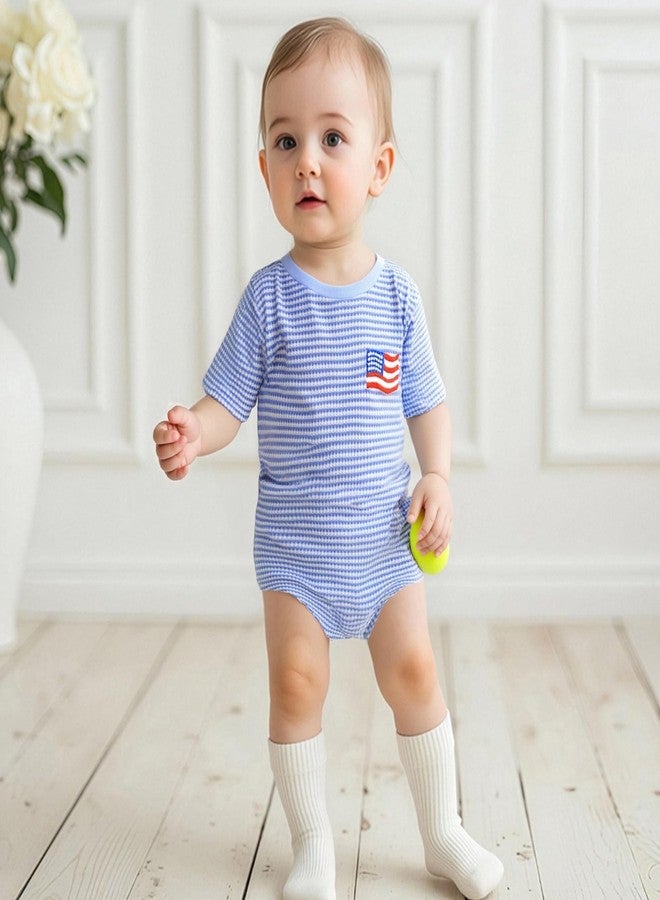 Lenjindjer Newborn Baby Boy Independence Day Outfit Flag Embroidery Waffle Striped Short Sleeve Bubble Romper Summer Bodysuit (Blue, 0-3 Months) - Image 3