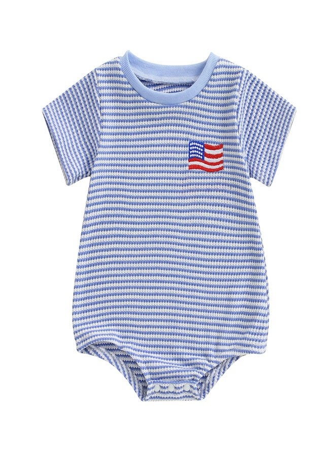Lenjindjer Newborn Baby Boy Independence Day Outfit Flag Embroidery Waffle Striped Short Sleeve Bubble Romper Summer Bodysuit (Blue, 0-3 Months) - Image 1
