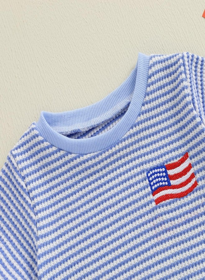 Lenjindjer Newborn Baby Boy Independence Day Outfit Flag Embroidery Waffle Striped Short Sleeve Bubble Romper Summer Bodysuit (Blue, 0-3 Months) - Image 5