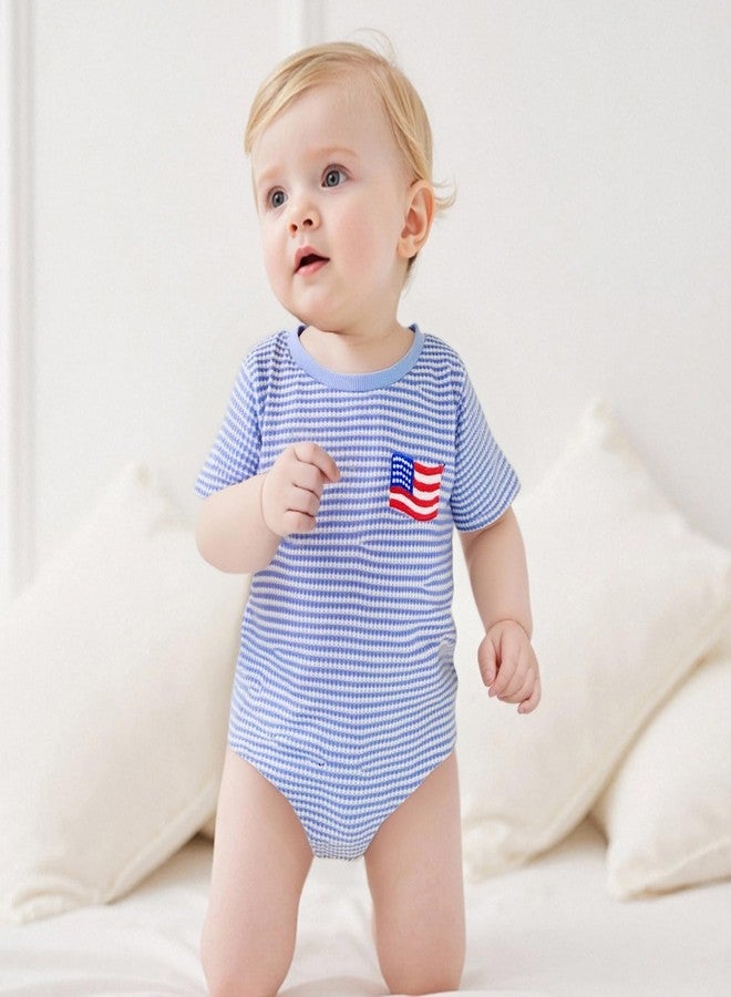 Lenjindjer Newborn Baby Boy Independence Day Outfit Flag Embroidery Waffle Striped Short Sleeve Bubble Romper Summer Bodysuit (Blue, 0-3 Months) - Image 4