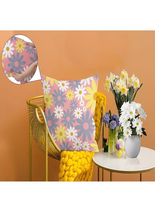 Bamsod Throw Pillow Covers Set of 4 Daisy 18x18 Pillow Covers Linen Square Pillow Case (Pink Daisy) - Image 3