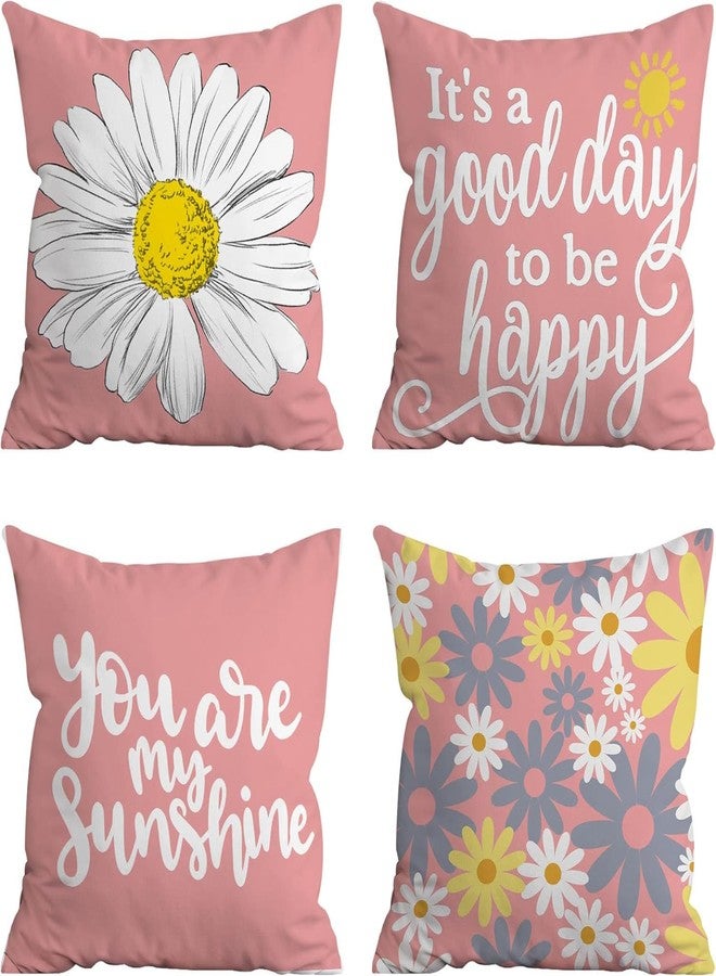 Bamsod Throw Pillow Covers Set of 4 Daisy 18x18 Pillow Covers Linen Square Pillow Case (Pink Daisy) - Image 1