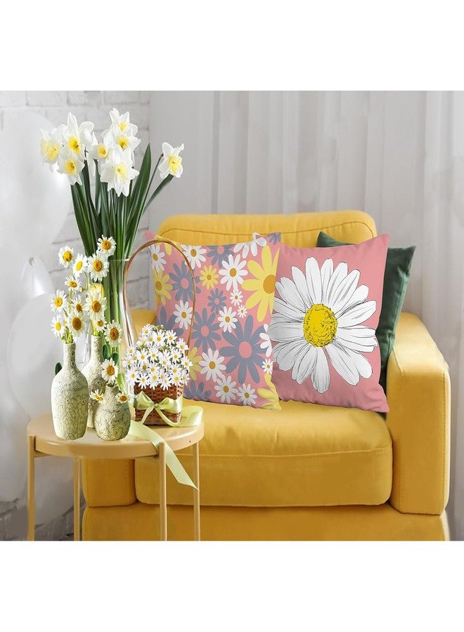 Bamsod Throw Pillow Covers Set of 4 Daisy 18x18 Pillow Covers Linen Square Pillow Case (Pink Daisy) - Image 4