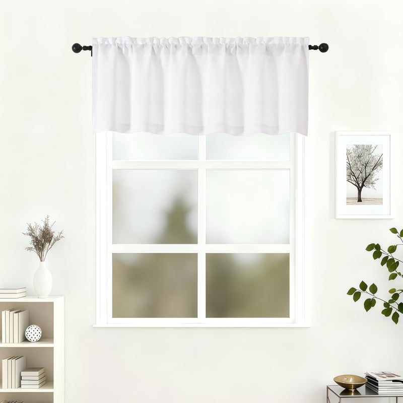Lecloud White Valance for Window 18 Inch Length, Light Filtering Faux Linen Textured Soft Kitchen Curtains, Airy Short Drapes with Rod Pockets for Bathroom Basement Farmhouse, 60" W x 18" L 1 Panel - Image 1