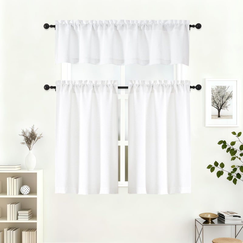 Lecloud White Valance for Window 18 Inch Length, Light Filtering Faux Linen Textured Soft Kitchen Curtains, Airy Short Drapes with Rod Pockets for Bathroom Basement Farmhouse, 60" W x 18" L 1 Panel - Image 2