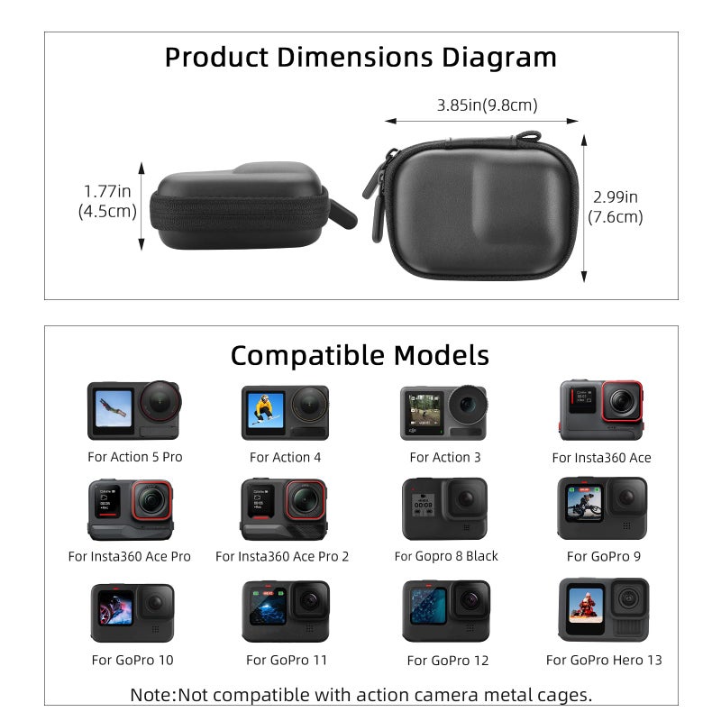 Flymile Carrying Case for DJI Osmo Action 5 Pro/4/3, Small Storage Bag for GoPro, PU Hard Travel Protector Case for Insta360 Ace/Ace Pro/2 with Wrist Strap & Carabiner Protective Accessories(Black) - Image 2
