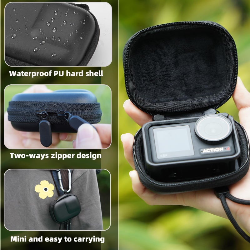 Flymile Carrying Case for DJI Osmo Action 5 Pro/4/3, Small Storage Bag for GoPro, PU Hard Travel Protector Case for Insta360 Ace/Ace Pro/2 with Wrist Strap & Carabiner Protective Accessories(Black) - Image 3
