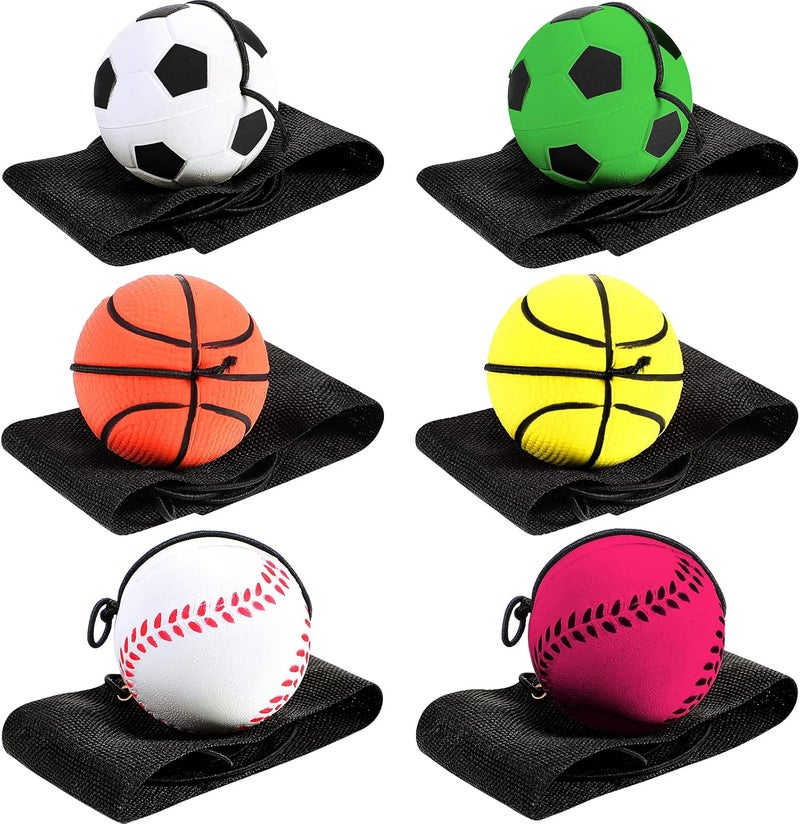 Skylety 6 Pcs Wrist Ball Return Ball on a String with Strap Wristband Sports Rubber Toy Includes Basketball, Baseball and Football for Boys Girls Party Favor Gifts, Exercise or Play - Image 1