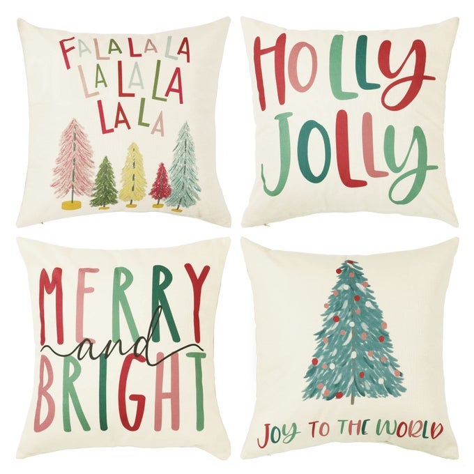 MERRY BRIGHT CHRISTMAS PILLOW COVERS COLORFUL HOLIDAY HOLLY JOLLY SET OF 4 WINTER DECORATIVE THROW PILLOW COVERS CUSHION CASE FOR HOME SOFA BED CHAIR 18 L X 18 W