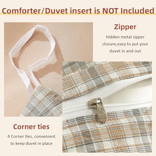 EAVD Retro Tan Gingham Duvet Cover Queen Khaki Brown Grid Plaid Bedding Set Soft 100% Washed Cotton Like Linen Feel Soft 3-Piece Brown Vintage Checkered Plaid Duvet Cover with Zipper Closure - Image 3