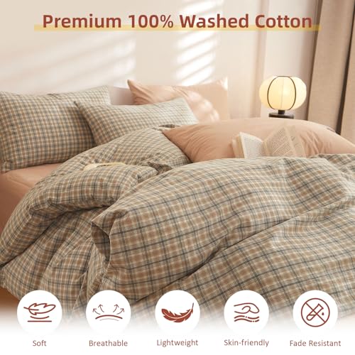 EAVD Retro Tan Gingham Duvet Cover Queen Khaki Brown Grid Plaid Bedding Set Soft 100% Washed Cotton Like Linen Feel Soft 3-Piece Brown Vintage Checkered Plaid Duvet Cover with Zipper Closure - Image 2