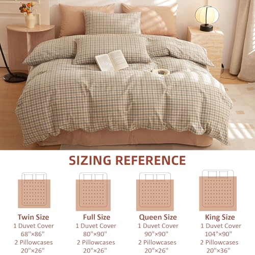 EAVD Retro Tan Gingham Duvet Cover Queen Khaki Brown Grid Plaid Bedding Set Soft 100% Washed Cotton Like Linen Feel Soft 3-Piece Brown Vintage Checkered Plaid Duvet Cover with Zipper Closure - Image 4