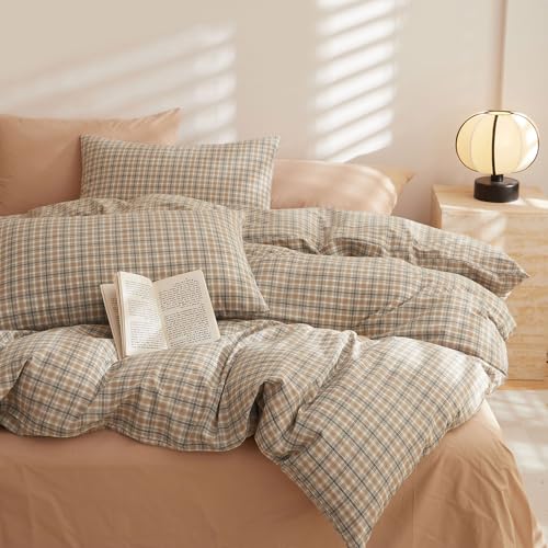 EAVD Retro Tan Gingham Duvet Cover Queen Khaki Brown Grid Plaid Bedding Set Soft 100% Washed Cotton Like Linen Feel Soft 3-Piece Brown Vintage Checkered Plaid Duvet Cover with Zipper Closure - Image 1