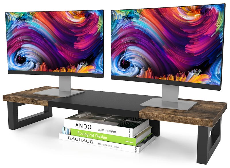 WESTREE Dual Monitor Stand Riser, Wood and Steel Monitor Stand Riser, Computer Monitor Stand for 2 Monitors, Multi-Purpose Desktop Storage Stand for Computer,Laptop,Printer,TV - Image 1