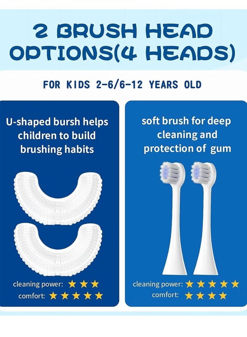 Kids U-Shaped Electric Sonic Toothbrush with 4 Brush Heads, 5 Modes, Cartoon Dinosaur Design, IPX7 Waterproof - Image 2