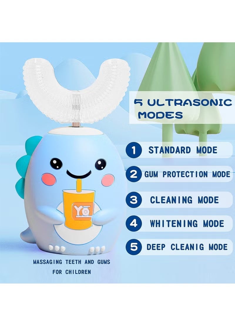 Kids U-Shaped Electric Sonic Toothbrush with 4 Brush Heads, 5 Modes, Cartoon Dinosaur Design, IPX7 Waterproof - Image 4