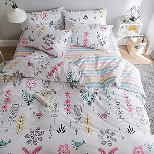BuLuTu Floral Bird Print Pattern Girls Duvet Cover Twin White Premium Cotton Nature Blossom Colorful Reversible Kids Bedroom Comforter Cover Bedding Sets for Teen ToddlerZipper Closure
