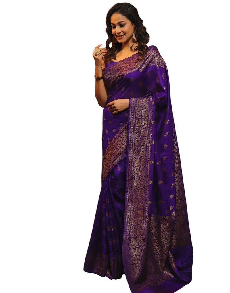 Shiv Textiles Women's Kanjivaram Art Silk Saree Soft Banarasi Style Sari With Blouse Piece For Wedding(S-101-PURPLE) - Image 1
