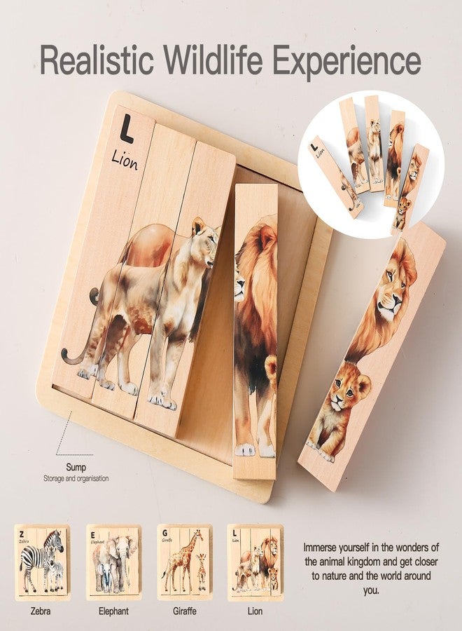 OESSUF Wooden Safari Animals Learning Puzzle Set, 4-in-1 Block Puzzles for Toddlers 18 Months+, Educational Montessori Toys with Storage Tray - Image 3