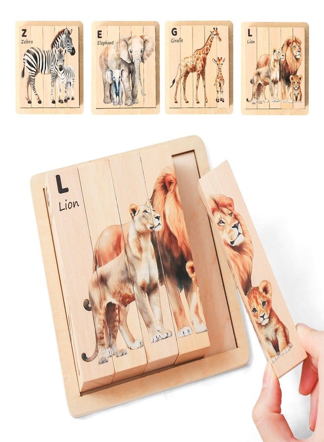 OESSUF Wooden Safari Animals Learning Puzzle Set, 4-in-1 Block Puzzles for Toddlers 18 Months+, Educational Montessori Toys with Storage Tray - Image 1