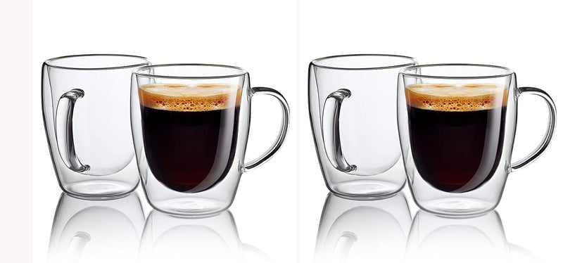MosQuick® Coffee Mugs Set of 4 250ml Double Walled Tea Cup Coffee Cup Premium Cold Coffee Glass Tea Set Glass Mugs with Handle & Green Tea Cup Elegant Double Walled Coffee Mug Double Walled Cup - Image 1