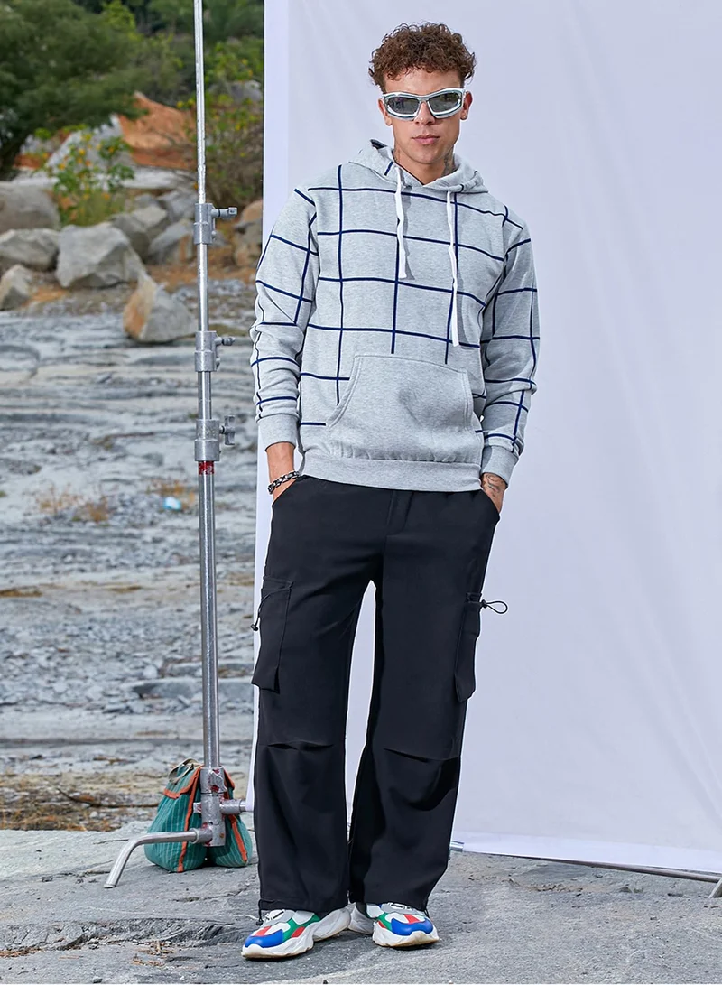 كامبوس سوترا Men's Light Grey Contrast Graph Check Hoodie With Kangaroo Pocket