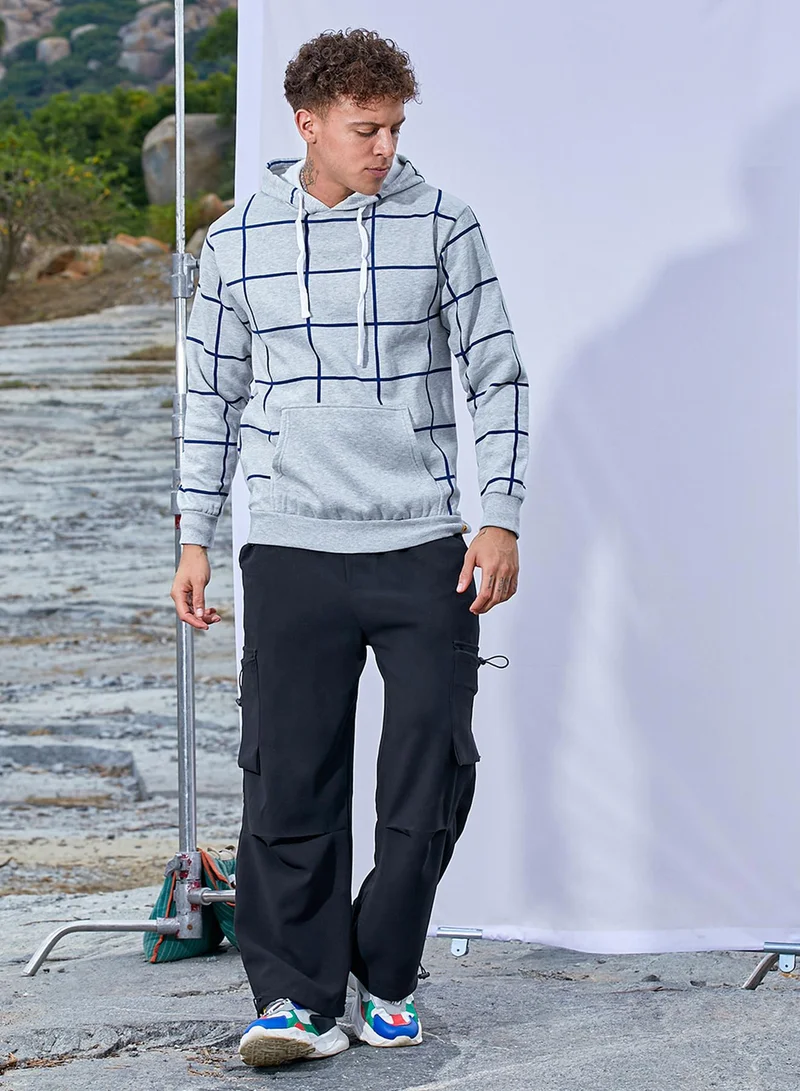 كامبوس سوترا Men's Light Grey Contrast Graph Check Hoodie With Kangaroo Pocket
