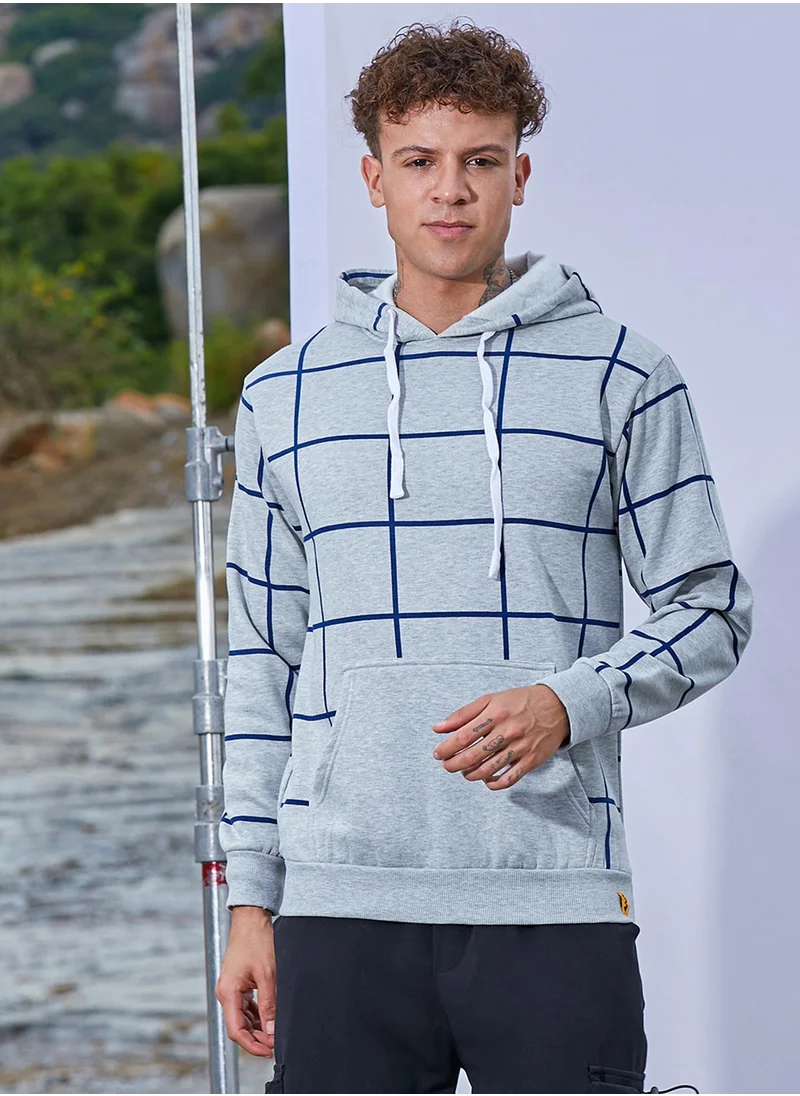 كامبوس سوترا Men's Light Grey Contrast Graph Check Hoodie With Kangaroo Pocket