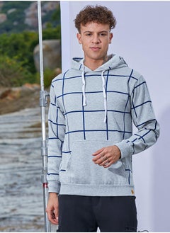 Campus Sutra Men's Light Grey Contrast Graph Check Hoodie With Kangaroo Pocket  - Image 2