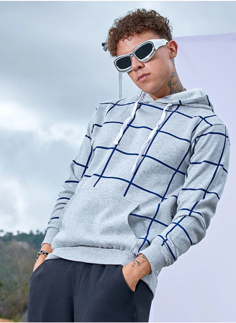 كامبوس سوترا Men's Light Grey Contrast Graph Check Hoodie With Kangaroo Pocket