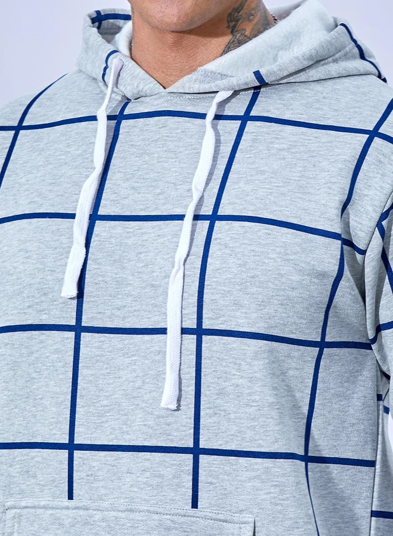 كامبوس سوترا Men's Light Grey Contrast Graph Check Hoodie With Kangaroo Pocket