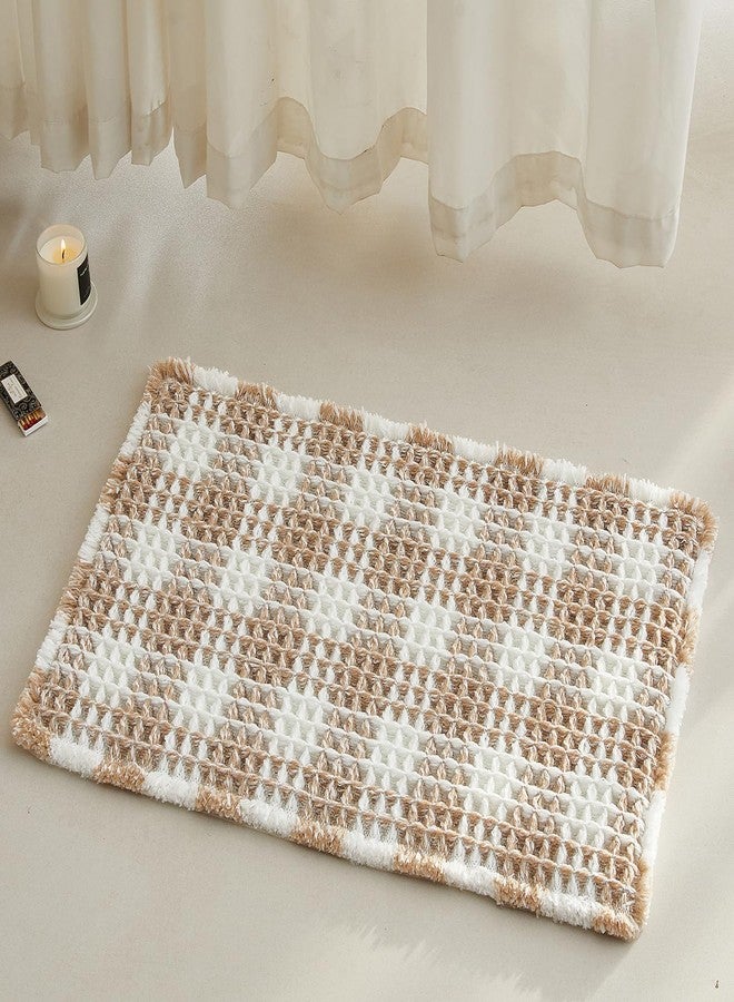 TYUU Waffle Bath Mat, Boho Bathroom Rugs Non Slip Washable Absorbent Checkered Bathroom Mat Quick Dry Farmhouse Bathroom Decor, 24"x16" Khaki and White - Image 1