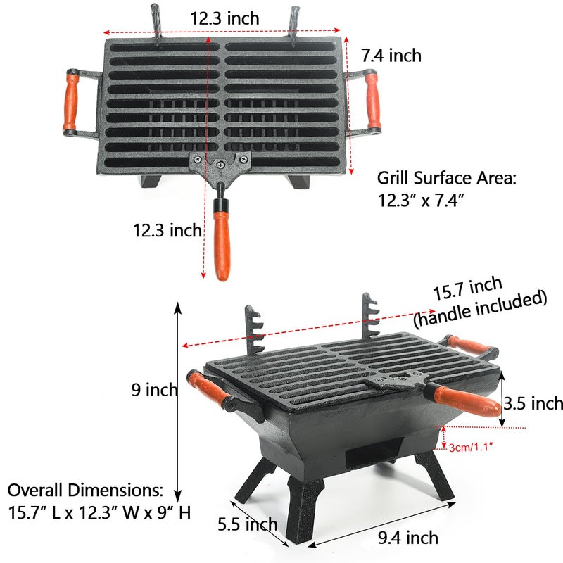 Sungmor Compact Cast Iron Charcoal Grill - Tabletop BBQ Grill with Adjustable Grate & Wooden Handles, 12â€ x 7â€ Ideal for 1-3 People - Portable Heavy-Duty Grill for Camping, Balcony & Small Spaces - Image 3