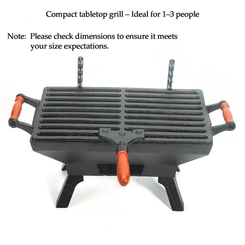 Sungmor Compact Cast Iron Charcoal Grill - Tabletop BBQ Grill with Adjustable Grate & Wooden Handles, 12â€ x 7â€ Ideal for 1-3 People - Portable Heavy-Duty Grill for Camping, Balcony & Small Spaces - Image 4