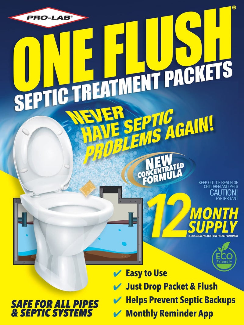 PROLAB ONE FLUSH - Septic Tank Treatment Packets, 1-Year Supply of Easy-Flush Bacteria & Enzyme Packets - Proactive Prevention for Sewage Backups, Made in the USA - Image 1