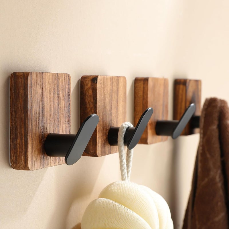 DELITON Towel Hooks for Bathrooms, 4 Pack Adhesive Wood Hooks for Hanging Robes, Towels, Coat, Key, Decorative Wall Utility Hook Heavy Duty - Image 2